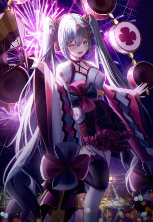 VOCALOID,魔法未来演唱会,初音ミク,eumi으미,single,長身像,脸红,视线正对,開いた口,前发,holding,银发,闭只眼