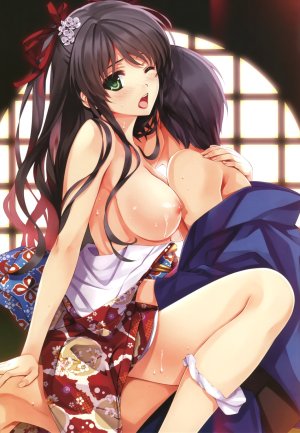 COMIC阿吽,深崎暮人,乳晕,黑发,脸红,露胸,绿色眼,发饰,和服,巨乳,长发,视线正对,nipples,No-Bra,闭只眼,開いた口,胖次,panty_pull,坐姿,topless,下着,阿哞,露乳,R18