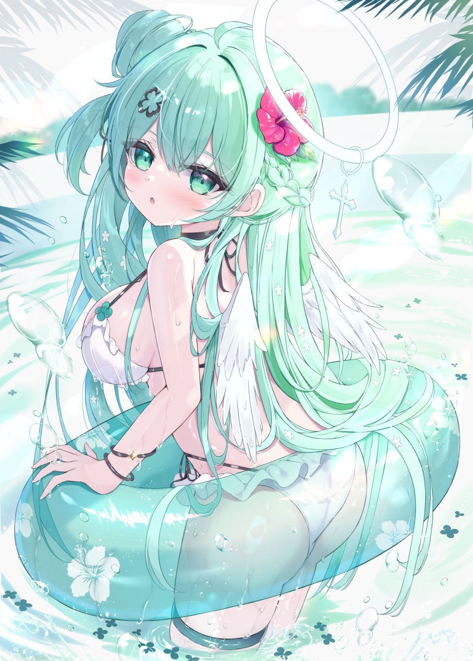 原创 Mikaze_Oto 水着 三股辫 Breasts Cross 绿色眼 绿发