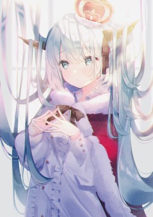 初音ミク,VOCALOID,マコミック,前发,碧眼,脸红,皇冠,连衣裙,长发,长袖,视线正对,缎带,银发,single