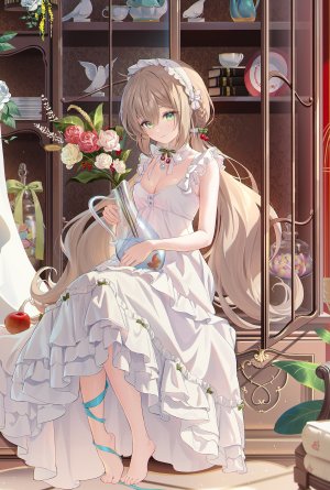 原创,ほうき星,breasts,茶发,cleavage,连衣裙,全身,绿色眼,长发,视线正对,坐姿,single,超长发