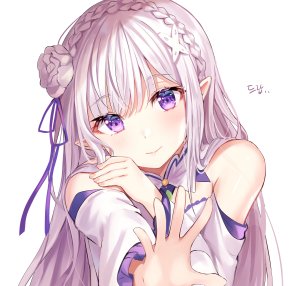 Emilia,从零开始的异世界生活,tokkyu,前发,露肩,脸红,三股辫,胸部,cleavage,连衣裙,发饰,长发,长袖,视线正对,横乳,尖耳,紫色眼,缎带,银发,笑顔,single,白背景