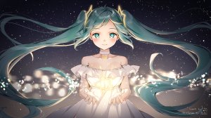 VOCALOID,初音ミク,白玉あかね,single,脸红,视线正对,前发,笑顔,双马尾,露肩,holding