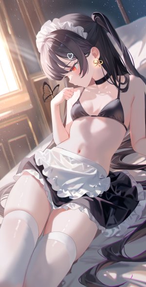 原创,moemoepiano,围裙,露肩,水着,黑发,breasts,蝴蝶,项圈,发饰,长发,横臥,女仆,迷你短裙,露脐,reclining,红色眼,短裙,single,泳装,丝袜,超长发,白丝,絶対領域