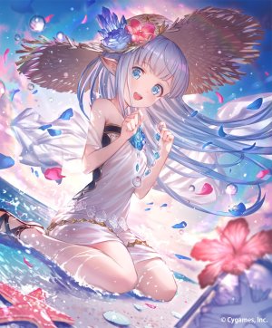 Lily,cygames,神撃のバハムート,makai_no_juumin,海滩,碧眼,青发,holding,长发,開いた口,花瓣,尖耳,彩虹,坐姿,single,闪亮