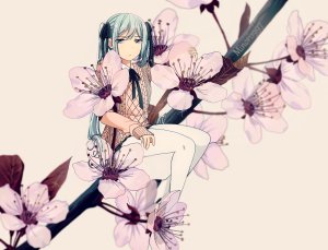 VOCALOID,初音ミク,sunnypoppy,长发,single,highres,前发,双马尾,坐姿,樱花,少女