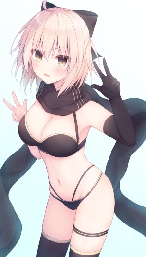 Fate/GrandOrder,Fate系列,firepo,呆毛,露肩,水着,黑丝,金发,胸部,cleavage,長手袋,手套,巨乳,视线正对,露脐,開いた口,短发,笑顔,single,泳装,黄色眼