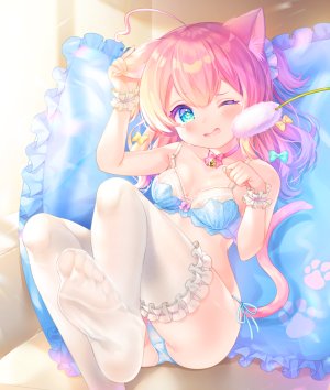 原创,komachi_pochi,呆毛,兽耳,露肩,铃,碧眼,bra,胸部,猫耳,猫娘,猫尾,项圈,长发,闭只眼,開いた口,胖次,貧乳,single,黑丝,下着,白丝