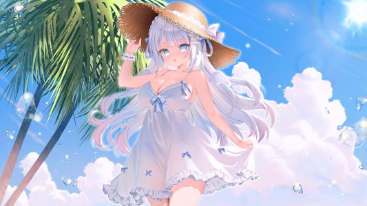 Vtuber,独立虚拟YouTuber,白羽ねむ,garimayo,single,长发,视线正对,前发,脸红,breasts,碧眼,露肩,cleavage,天空,白发,少女,连衣裙,超长发