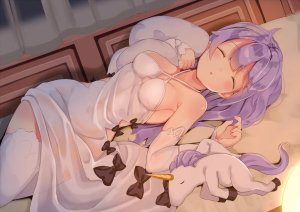 wankoo-mikami,Unicorn,碧蓝航线,拟人,胸部,连衣裙,长发,紫发,sleeping,黑丝,waifu2x