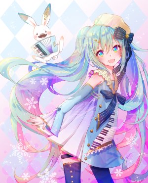 初音ミク,雪ミク,雪音,VOCALOID,xenxen,动物,前发,黑丝,碧眼,青发,脸红,兔子,连衣裙,发饰,holding,乐器,长发,长袖,视线正对,開いた口,紫发,笑顔,双马尾