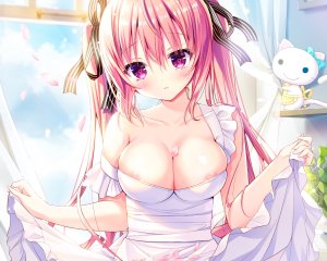 師走ほりお,原创,脸红,胸部,cleavage,长发,No-Bra,花瓣,粉发,紫色眼,天空,双马尾,婚纱,close