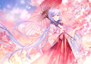 屿酒,星尘,VOCALOID,樱花,和服,长发,雨伞