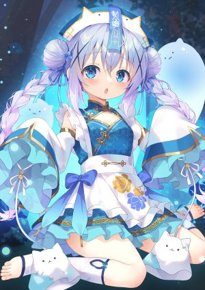 香風智乃,tippy,请问您今天要来点兔子吗?,タク道,碧眼,青发,三股辫,breasts,汉服,双团子头,连衣裙,幽魂,包子頭,发饰,万圣节,长发,长袖,视线正对,坐姿,single,双马尾,超长发