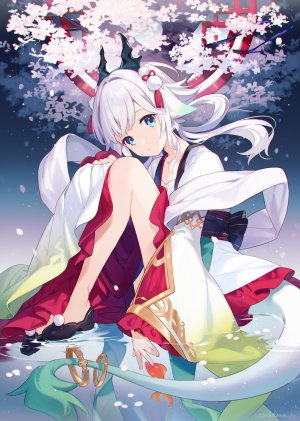 原创,朝日川日和,single,长发,長身像,视线正对,碧眼,坐姿,全身,白发,樱花,少女