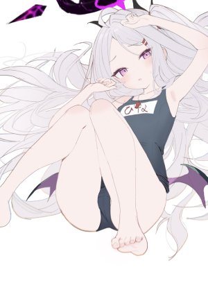 ksi_47,日奈,ヒナ,蔚蓝档案,呆毛,breasts,恶魔娘,光晕,萝莉,长发,横臥,紫色眼,死库水,泳装,白背景,白发,翅膀