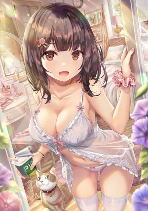 原创,とりのあくあ,动物,露肩,黑发,胸部,棕色眼,cleavage,发饰,holding,巨乳,lingerie,长发,视线正对,露脐,開いた口,胖次,笑顔,single,黑丝,下着,白丝