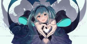 初音ミク,VOCALOID,青发,连衣裙,長手袋,手套,长发,视线正对,開いた口,缎带,阴影,笑顔,single,双马尾