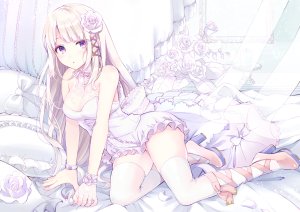 オリジナル,柏原えん,長髪,ソロ,赤面,カメラ目線,light_erotic,乳房,金髪,前髪,purple_eyes,肩出し,大きな乳房,hair_flower,全身,payot,blunt_bangs,sleeveless,arm_support,high_heels