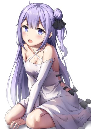 Unicorn,碧蓝航线,yang423,露肩,胸部,cleavage,连衣裙,长发,视线正对,横乳,開いた口,紫色眼,紫发,坐姿,single,白背景