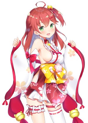 Vtuber,Hololive,さくらみこ,hujinoyume,长发,single,長身像,脸红,视线正对,開いた口,胸部,白背景,绿色眼,呆毛,No-Bra