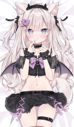原创,hoshi,兽耳,露肩,脸红,breasts,茶发,犬娘,发饰,长发,横臥,露脐,褶皱裙,短裙,笑顔,single,超长发,翅膀