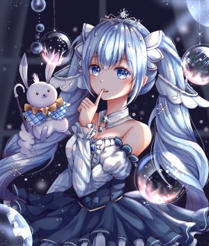 初音ミク,雪未来,雪ミク,雪ミク2019,VOCALOID,カロン,露肩,泡泡,兔子,ケイン,连衣裙,发饰,长袖,视线正对,プリンセス,彩虹,笑顔,头饰