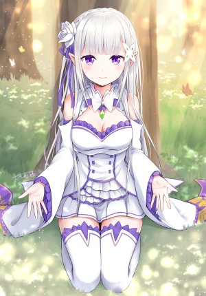 Emilia,从零开始的异世界生活,omoomomo,露肩,三股辫,胸部,蝴蝶,cleavage,精灵,发饰,巨乳,长发,长袖,视线正对,迷你短裙,尖耳,紫色眼,衬衫,银发,短裙,笑顔,single,黑丝,白丝,絶対領域