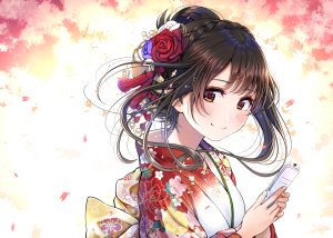 松野千夜,原创,kentauloss,前发,脸红,棕色眼,茶发,发饰,holding,和服,长发,长袖,视线正对,花瓣,rose,笑顔,single