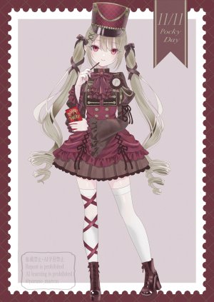 原创,paruno,脸红,领结,连衣裙,全身,绿发,发饰,holding,长发,长袖,视线正对,红色眼,缎带,笑顔,single,丝袜,双马尾,超长发,白丝