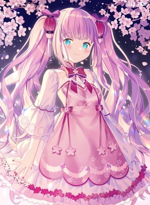 初音ミク,桜ミク,VOCALOID,前发,碧眼,脸红,胸部,樱花,连衣裙,发饰,长发,长袖,花瓣,粉发,貧乳,笑顔,single,双马尾