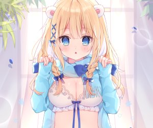 原创,兽耳,金发,碧眼,脸红,bra,胸部,cleavage,长发,缎带,下着,cropped