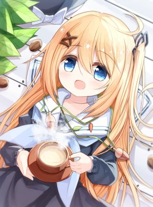 原创,前发,金发,碧眼,脸红,连衣裙,发饰,holding,长发,长袖,横臥,開いた口,缎带,笑顔,single