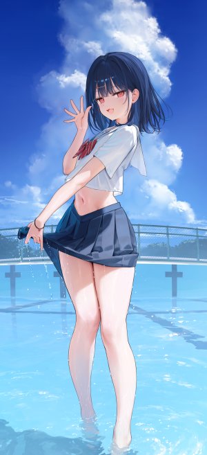 原创,mignon,黑发,脸红,手镯,breasts,发饰,视线正对,露脐,開口,褶皱裙,红色眼,学校制服,水手服,衬衫,短裙,天空,笑顔,single