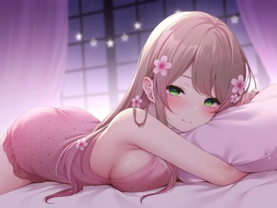 原创,豊咲Shu,脸红,breasts,茶发,绿色眼,发饰,长发,视线正对,横臥,粉发,笑顔,single