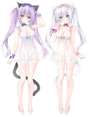 藍璃（ありすorありす）,璃星（ありすorありす）,alice_or_alice,梱枝りこ,兽耳,露肩,breasts,猫耳,猫娘,猫尾,cleavage,绿色眼,灰发,胖次,紫色眼,紫发,笑顔,丝袜,双马尾,下着,白背景,白丝