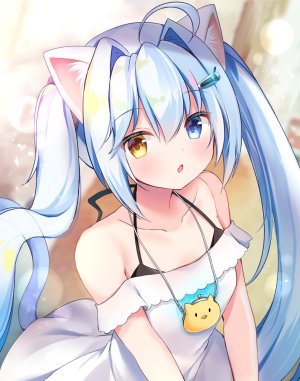 原创,masayo,呆毛,兽耳,前发,露肩,碧眼,青发,脸红,胸部,棕色眼,猫耳,连衣裙,发饰,长发,视线正对,貧乳,single,双马尾,黄色眼