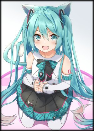 初音ミク,VOCALOID,divergenceok,兽耳,露肩,猫耳,猫尾,发饰,长发,视线正对,魔法未来演唱会,開いた口,衬衫,坐姿,短裙,笑顔,single,tattoo,双马尾,白丝