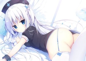 aisu_mint,原创,muku,前发,碧眼,发饰,holding,长发,视线正对,横臥,nopan,护士,衬衫,single,黑丝,白发,白丝