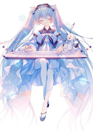 初音ミク,雪ミク,雪未来,VOCALOID,ranol1215,连衣裙,全身,发饰,乐器,长发,缎带,坐姿,黑丝,双马尾,白丝