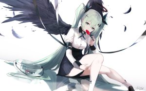 asahi_kuroi,初音ミク,VOCALOID,天使,羽毛,绿色眼,绿发,光晕,长发,衬衫,短裙,双马尾,翅膀,aliasing,reflection,signed