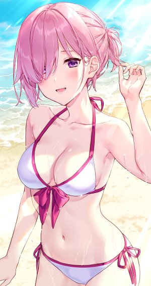 マシュ・キリエライト,Fate/GrandOrder,Fate系列,露肩,海滩,水着,脸红,胸部,cleavage,横乳,露脐,開いた口,粉发,紫色眼,短发,笑顔,single,泳装