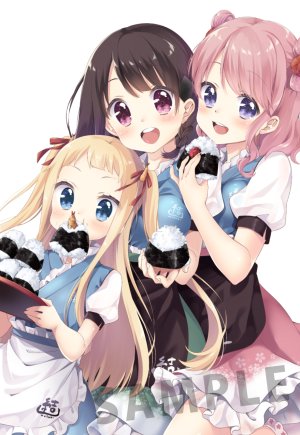 原创,kuune_rin,围裙,金发,碧眼,三股辫,胸部,茶发,holding,和服,长发,横乳,粉发,紫色眼,缎带,短裙,和服女仆,女服务生,白背景