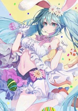 初音ミク,easter_bunny,VOCALOID,兽耳,胸部,兔耳,Cosplay,デージー,手套,发饰,长发,横乳,露脐,single,双马尾