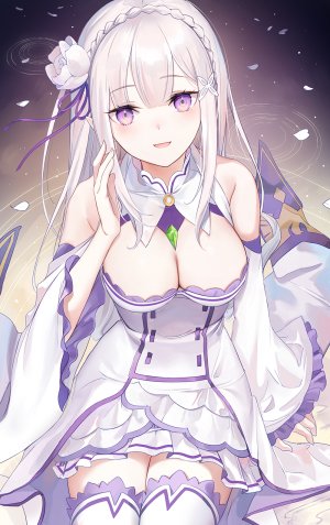 从零开始的异世界生活,Emilia,yumaomi,长发,single,長身像,脸红,前发,開いた口,胸部,笑顔,露肩,巨乳,坐姿,紫色眼,cleavage,银发