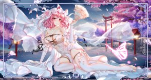 东方Project,西行寺幽幽子,yue_xiao_e,single,脸红,视线正对,短发,胸部,前发,红色眼,露肩,坐姿,巨乳,holding,粉发,天空