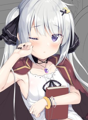 原创,tomoo,露肩,项圈,发饰,长发,视线正对,闭只眼,紫色眼,缎带,衬衫,银发,single,双马尾
