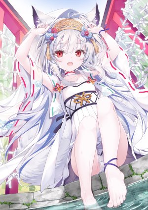 原创,天夢森流彩,兽耳,breasts,连衣裙,狐娘,灰发,视线正对,胖次,红色眼,天空,笑顔,single,下着