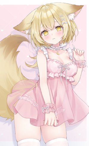 原创,茶乃ひより,兽耳,露肩,金发,脸红,breasts,cleavage,连衣裙,发饰,视线正对,胖次,短发,single,丝袜,下着,白丝,黄色眼