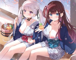 宮脇サナ,原创,ayamy,三股辫,breasts,茶发,樱花,项圈,cleavage,发饰,holding,和服,长发,温泉,布丁,紫色眼,紫发,缎带,坐姿,双马尾,浴衣